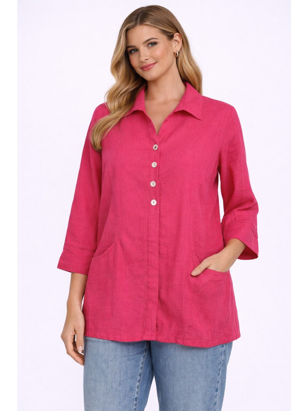 Fridaze Womens Button Front Linen Blouse 3/4 Sleeve Collared Size Medium Pink